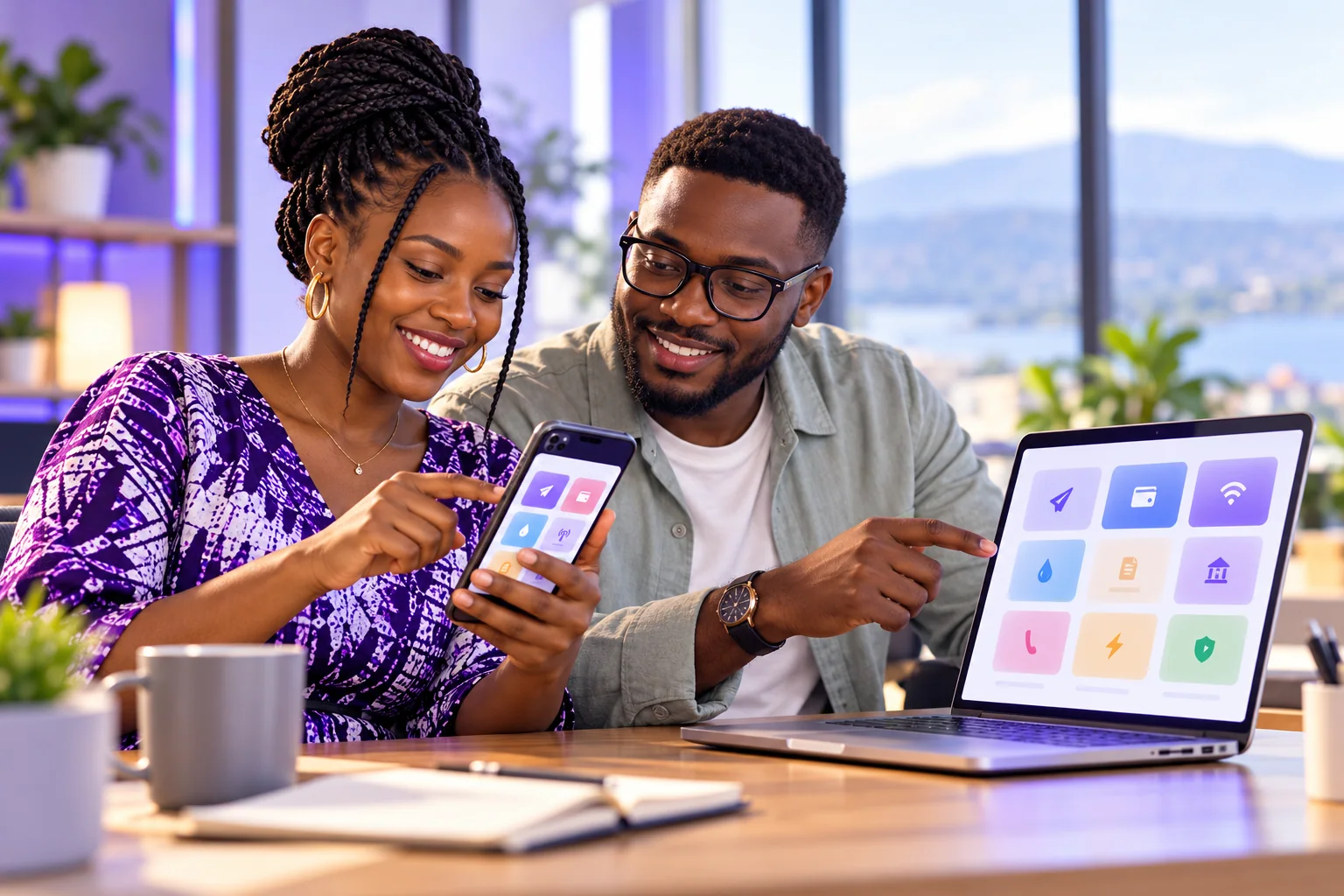 Two friends exploring digital services on a phone and laptop.